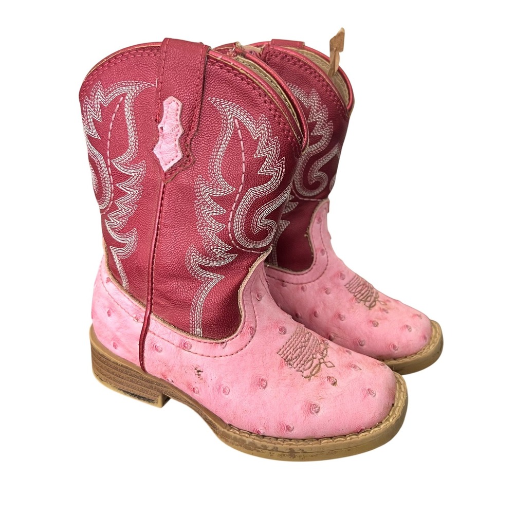 Roper Girls Pink Western Boots Size 7 Faux Ostrich Western Rodeo Cowgirl Zip